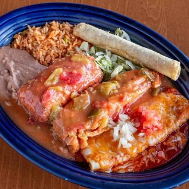 #9 Enchilada, Tamale, Chile Relleno, Taquito, Beans and Rice.