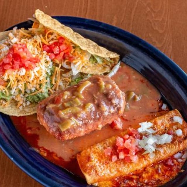 #6 Enchilada, Chile Relleno, Guacamole Tostada and Taco.