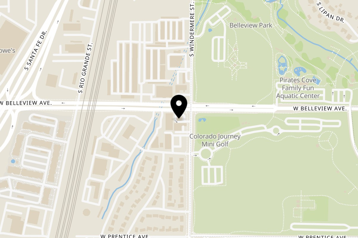 Map showing the location of Mi Cocina Restaurant Belleview on 1600 W Belleview Ave in Littleton